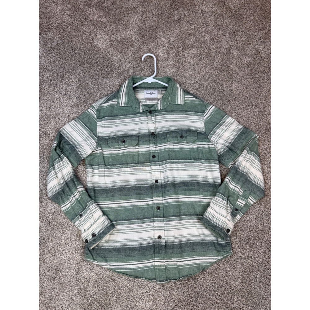 Goodfellow & Co Mens Small Green Striped Long Sleeve Flannel Button Down Shirt